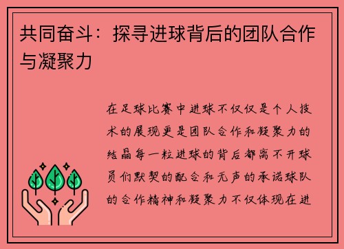 共同奋斗：探寻进球背后的团队合作与凝聚力