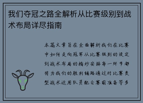 我们夺冠之路全解析从比赛级别到战术布局详尽指南
