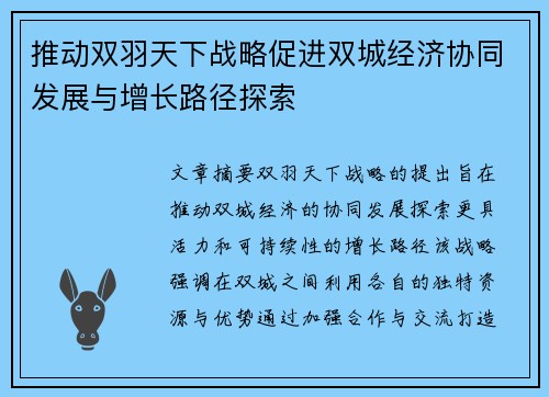 推动双羽天下战略促进双城经济协同发展与增长路径探索