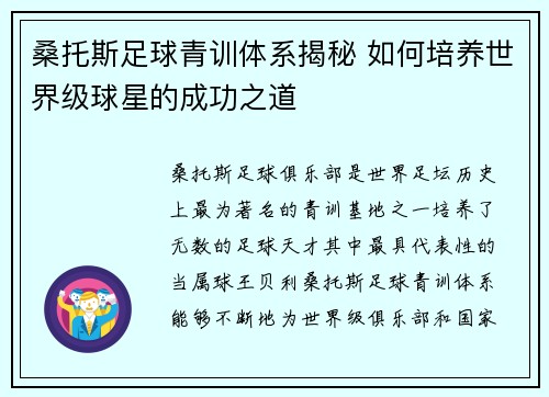 桑托斯足球青训体系揭秘 如何培养世界级球星的成功之道